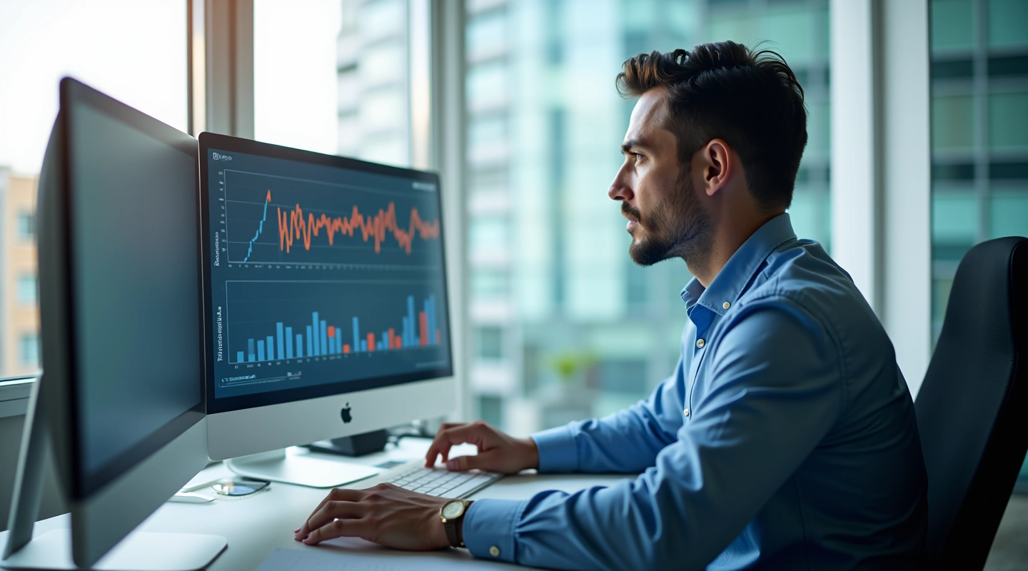 Professional analyst reviewing data patterns and anomaly detection algorithms