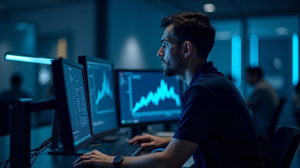 Modern tech workspace with multiple computer monitors displaying analytics dashboards, professional office environment with clean desk setup