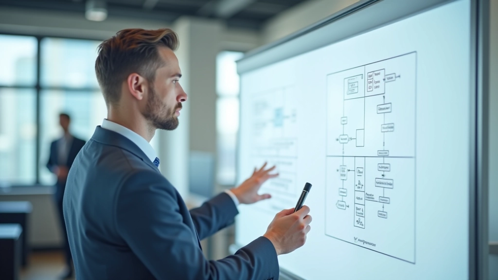 Data analyst comparing traditional rule-based system flowchart with machine learning pattern recognition diagram on whiteboard