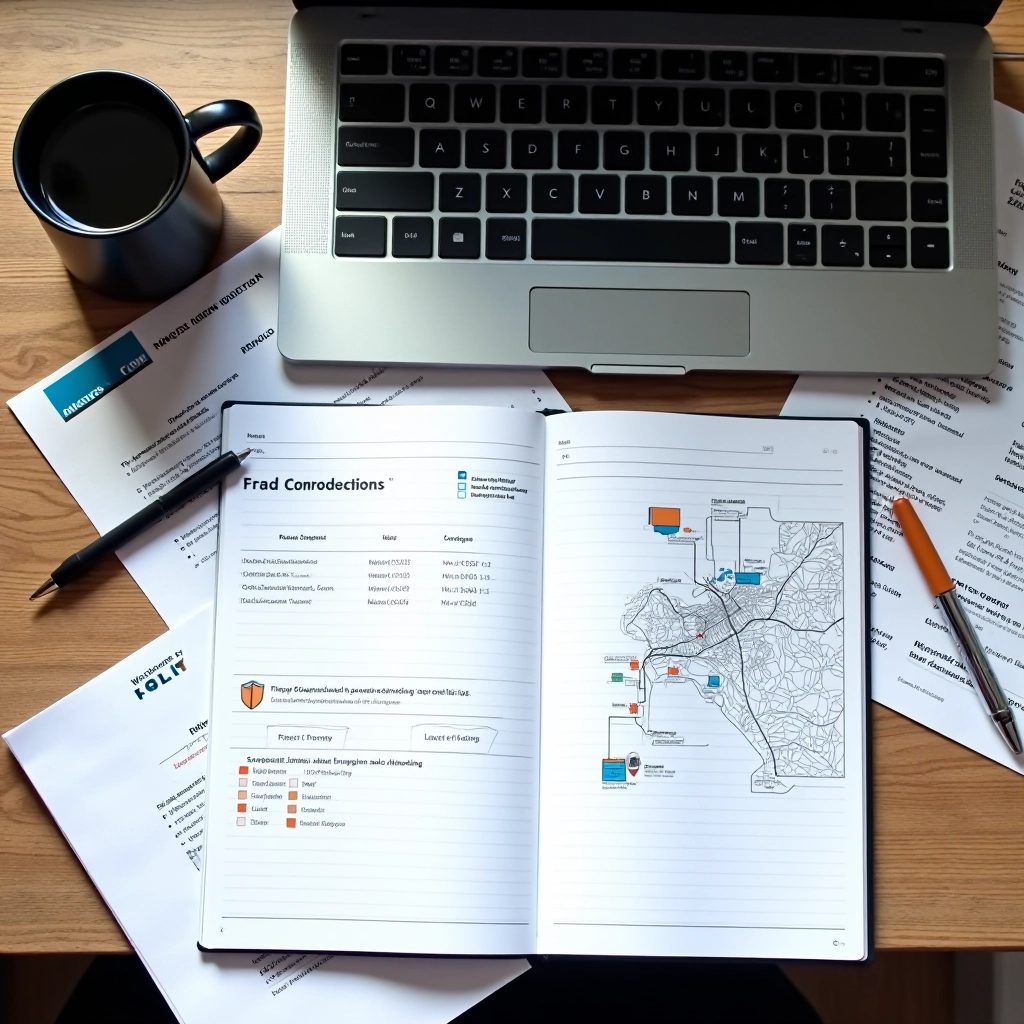 Sentinel Detect editorial team workspace with research materials, notebooks, and fraud detection documentation spread across a clean desk