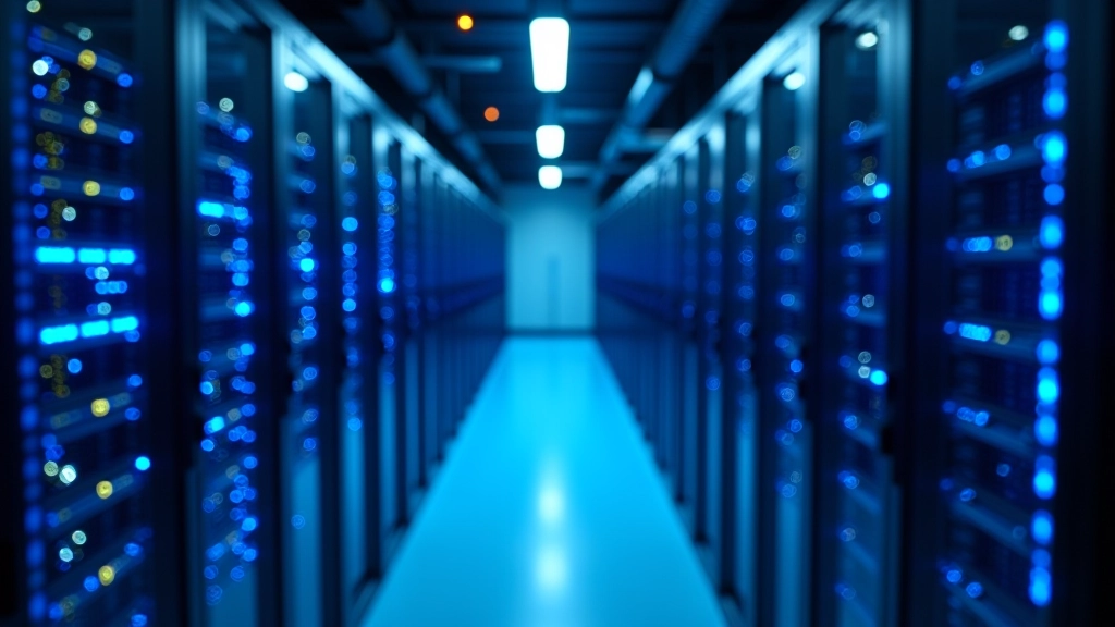 Server room with network equipment and LED indicators showing real-time data processing