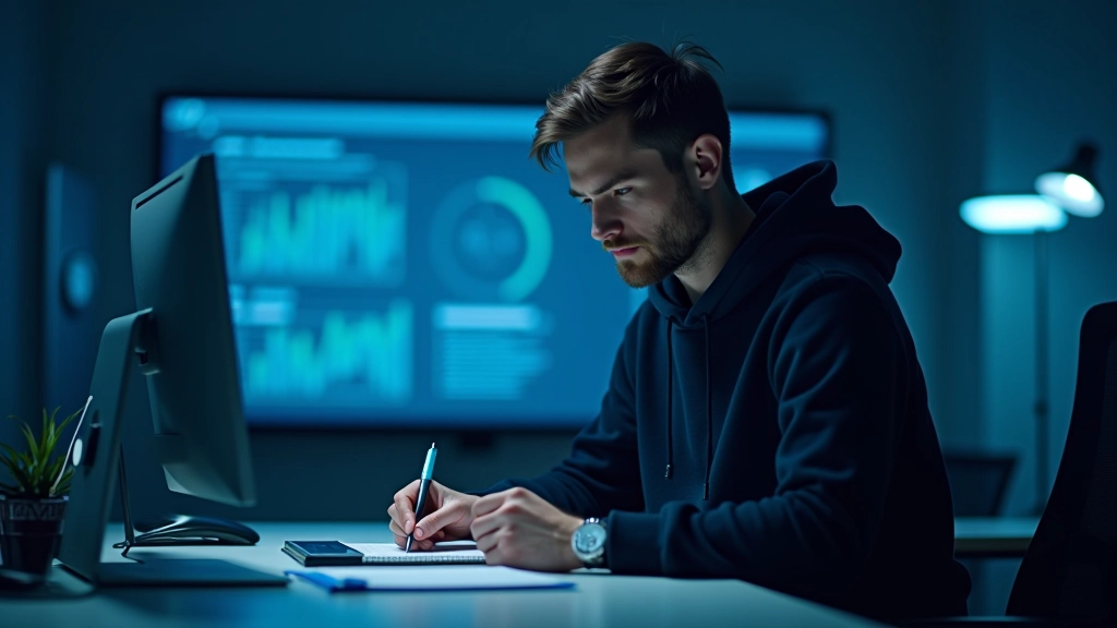 Data scientist reviewing model calibration metrics on multi-monitor setup