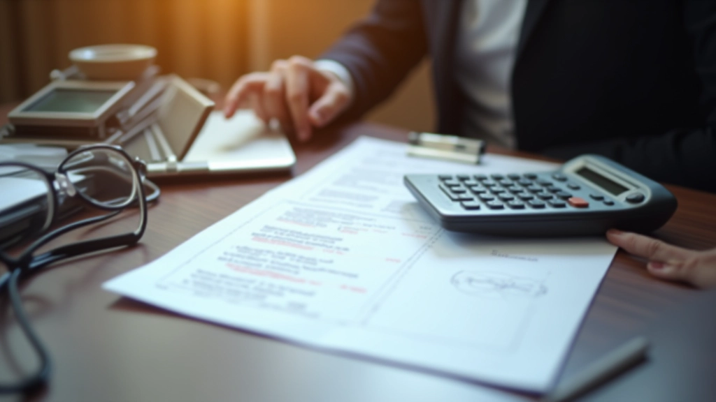 Close-up of financial reports and calculator on wooden desk, professional financial documents with pen and data sheets in organized layout
