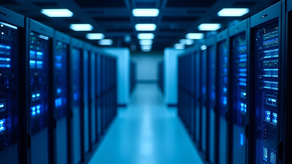 Server room with multiple rows of equipment, blue LED lighting reflecting off hardware, data center infrastructure with network cables organized