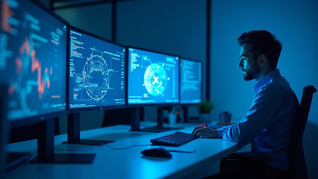 Modern tech workspace showing network connections and real-time data monitoring on multiple displays