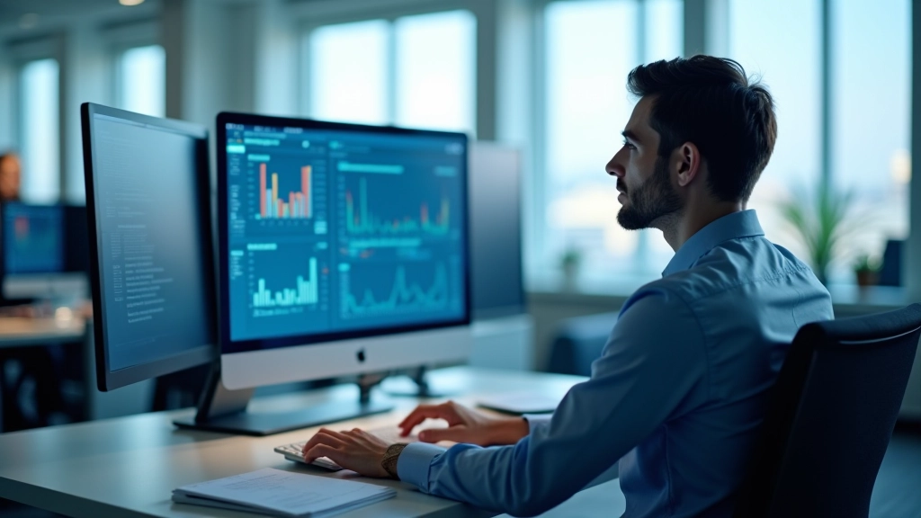 Business professional pointing at interactive dashboard showing transaction patterns with highlighted anomalies and normal behavior zones in color-coded segments