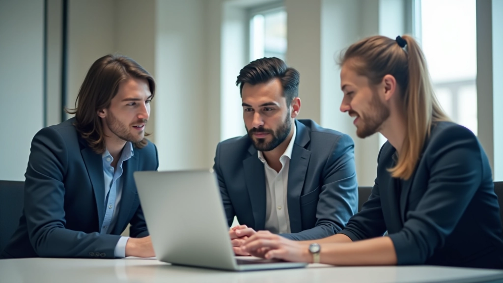 Team collaboration meeting with multiple professionals discussing metrics on screen, conference room with business attire, strategic planning environment